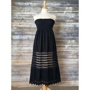 Women’s FadedRose Black Strapless  Boho Smocked Crochet Lace Maxi Dress Size S